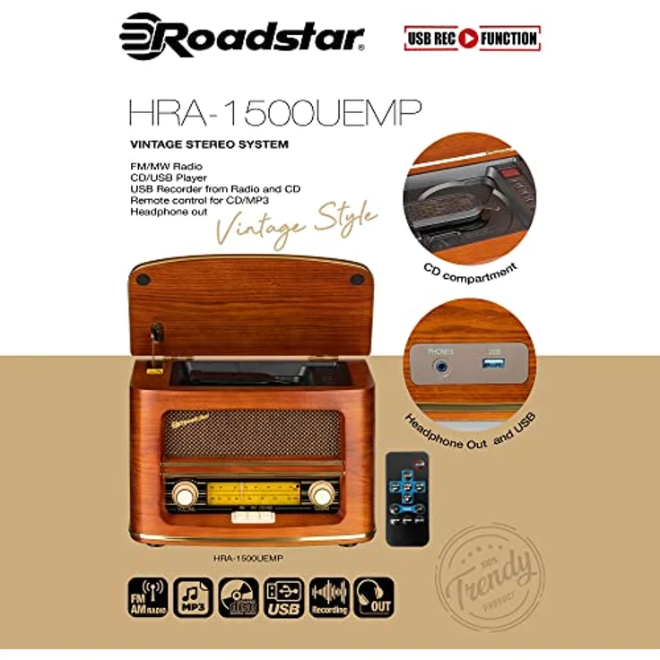Roadstar HRA1500 UEMP Vintage Hifi System, FM Radio mit CD-Spieler, USB und Bluetooth, Holzoptik, Braun – Bild 2