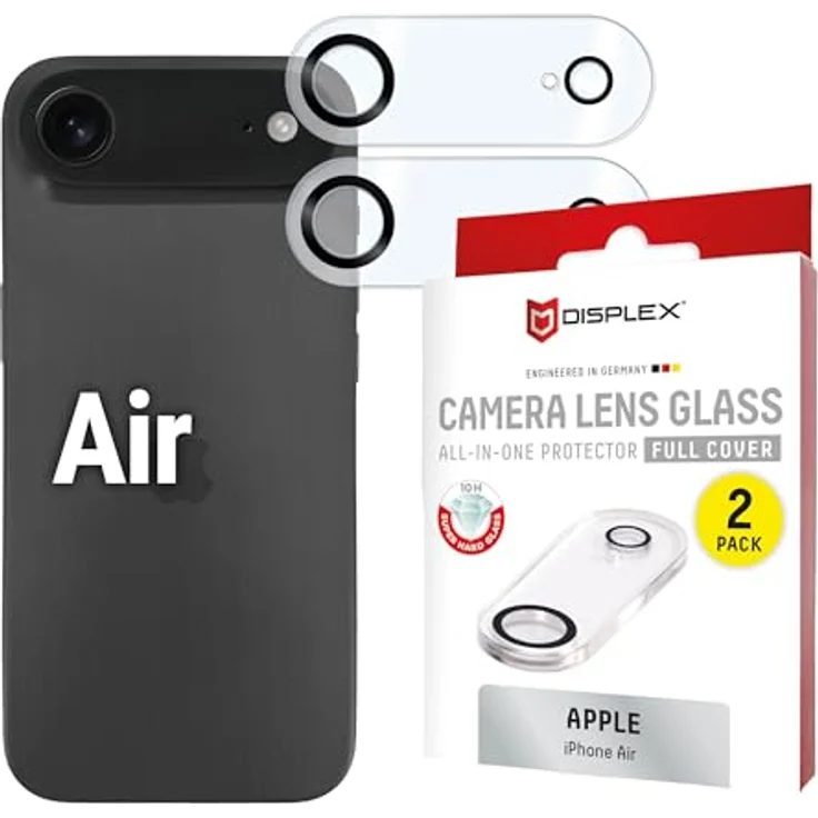 Displex Full Cover Camera Lens Glass für iPhone Air, 10H Schutzglas, Quick Mount, 2 Stück (CamGlass All-In-One), schmutz- und fingerabdruckgeschützt – Bild 1