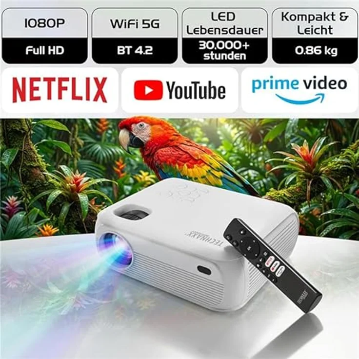 TECHNAXX TX-332 Full-HD Beamer 1080p, Heimkino-Projektor mit Lautsprecher, Fernbedienung, 200 lm, Netflix vorinstalliert, Weiss – Bild 3