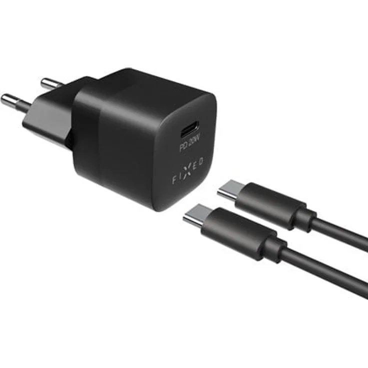 FIXED Fast Charger USB-C PD 20W, Mini Ladegerät mit 1m USB-C Kabel, Schwarz