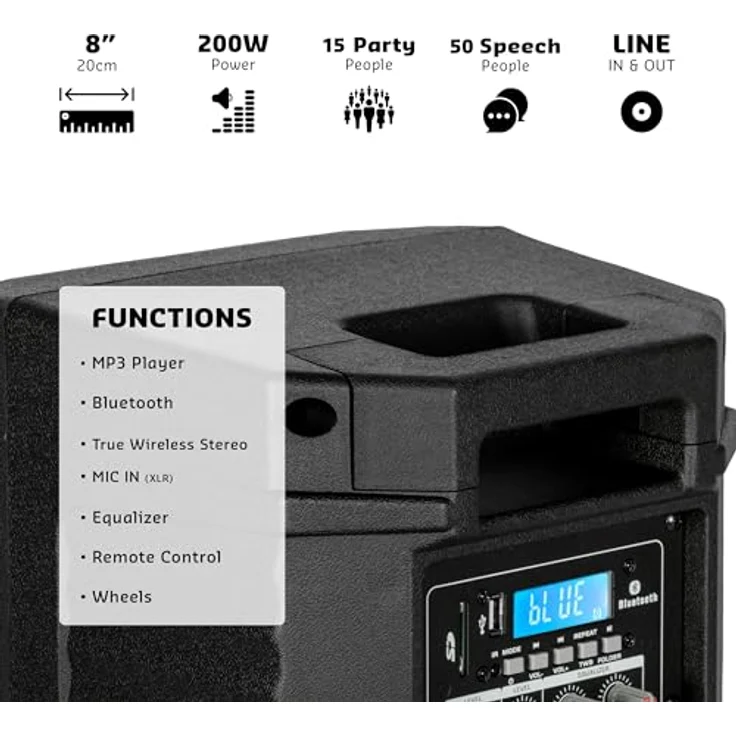Ibiza XTK8A-MKII Aktiver 8"/20cm SONO-Lautsprecher mit Bluetooth, USB, SD, TWS, Bassreflexsystem, ideal für Party und Karaoke – Bild 3