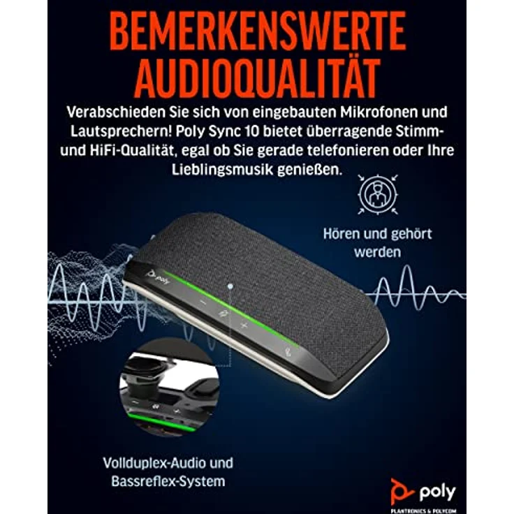 Poly Sync 10 USB-Konferenzlautsprecher – tragbarer 2-in-1-Lautsprecher für Audio-/Videokonferenzschaltungen und Musik – USB-betrieben – funktioniert mit Teams, Zoom, Google und mehr – duales Mikrofon – Bild 3