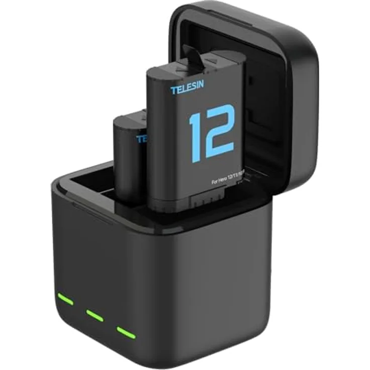 TELESIN 2 Akkus + 3-Slot-Ladecase für GoPro Hero 12/11/10/9 Black, 1750 mAh, USB-C, kompakt, schmutz- und staubgeschützt
