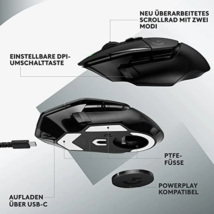 Logitech G502 X LIGHTSPEED Kabellose Gaming-Maus - Optische Maus mit optisch-mechanischen LIGHTFORCE Hybridschaltern, HERO 25K Gaming-Sensor, Kompatibel mit PC - macOS/Windows - Schwarz – Bild 5