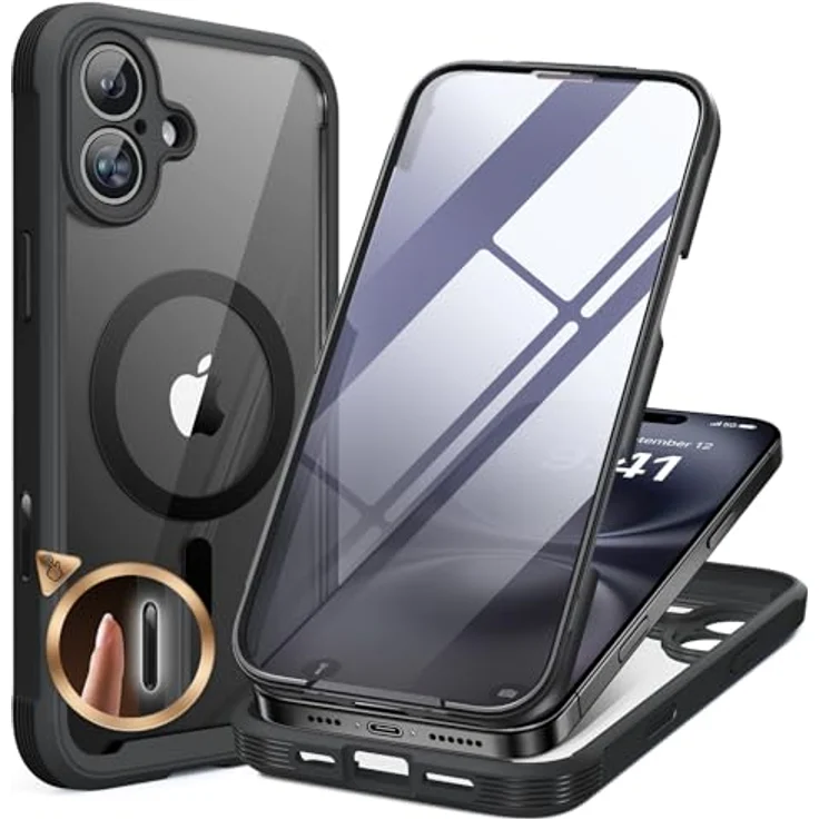 Miracase 360 Grad iPhone 16 Plus Hülle mit Magsafe, Komplettschutz, Magnetisch, Stoßfest, Eingebauter 9H Glas Displayschutz, 6,7 Zoll, Schwarz – Bild 1