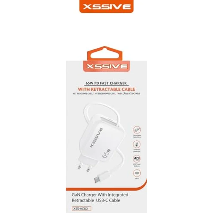 Xssive XSS-AC80, 65W PD Schnellladegerät mit einziehbarem USB-C Kabel und Dual-Ladefunktion, kompakt und weltweit einsetzbar – Bild 3