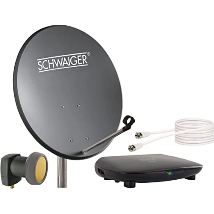 SCHWAIGER 9765 SAT-Anlage Satelliten-Set Satellitenschüssel Single-LNB Receiver Fernbedienung Koaxialkabel digital SAT-Schüssel aus Stahl Anthrazit 55cm
