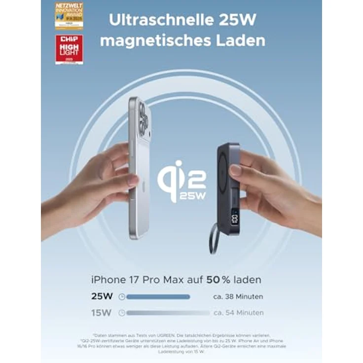 UGREEN MagFlow Magnetische Powerbank 10000mAh 25W, Qi2 Magsafe Powerbank mit integriertem Kabel, LED-Bildschirm, PD30W USB-C Schnellladung, Grau – Bild 2