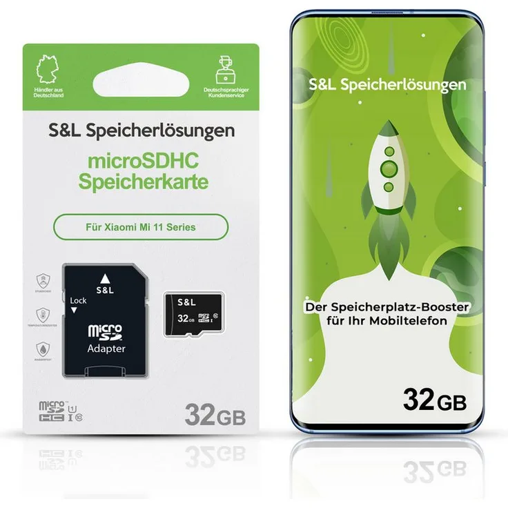 Tec-Expert microSD Karte S&L für Xiaomi Mi 11 Series, 32 GB, Class 10, microSDHC, stoßfest und wasserdicht