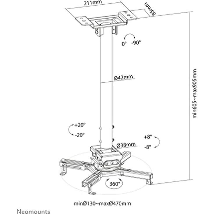Neomounts Projector Ceiling Mount (Decke), Beamer Halterung, Schwarz, bis 35 kg belastbar, neigbar (+20°, -20°), drehbar (360°), schwenkbar (+8°, -8°) – Bild 4