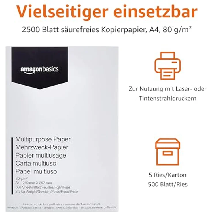 AmazonBasics Druckerpapier, DIN A4, 80 g-m², 5x500 Blatt, Weiß - Preisvergleich – Bild 2