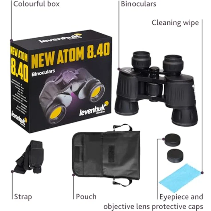 Levenhuk New Atom 8x40 Fernglas, Porro-Optik mit 8-facher Vergrößerung, spritzwassergeschützt, Aluminiumgehäuse – Bild 2