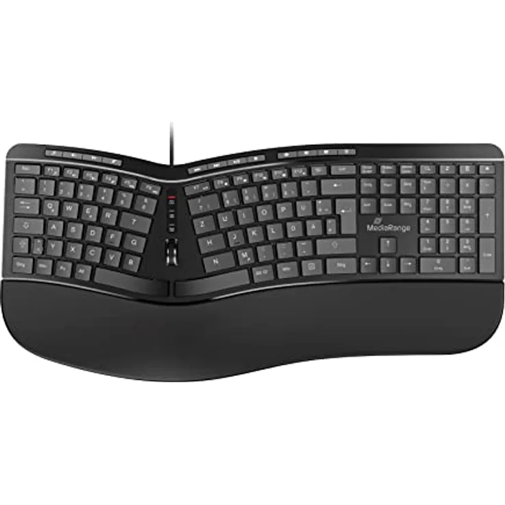 MediaRange Ergonomische Tastatur, kabelgebundene Multimedia-Tastatur mit 124 Tasten und Scroll-Rad, deutsches QWERTZ Layout, spritzwassergeschützt & höhenverstellbar, Farbe schwarz