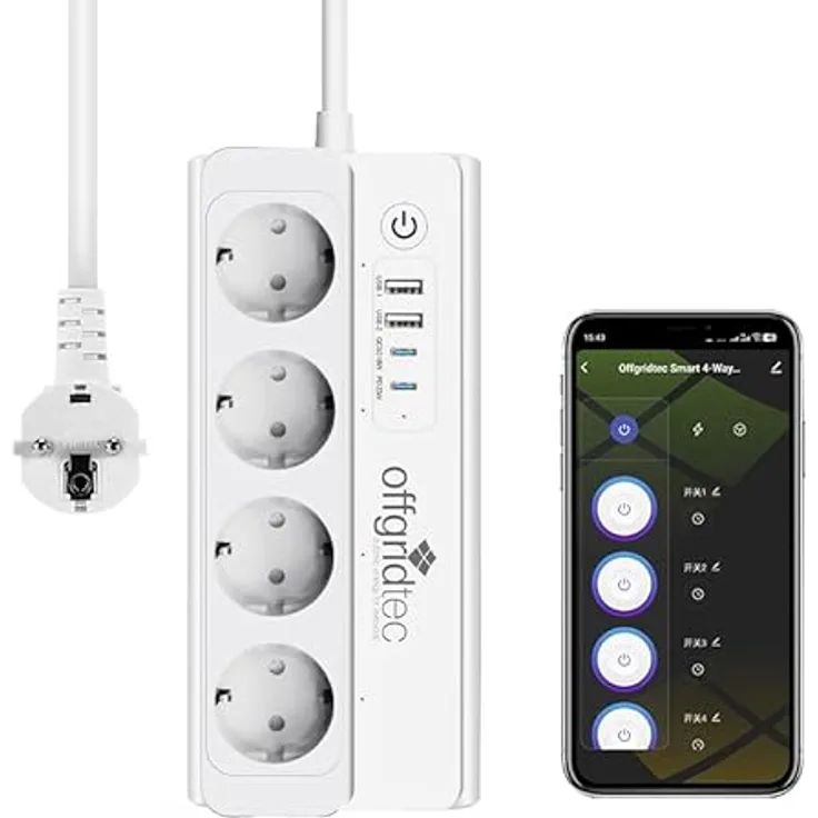 Offgridtec Smart WiFi Steckdosenleiste, 4 Steckdosen + 2 USB-A & 2 USB-C, App-gesteuert, Echtzeit-Energieüberwachung, Alexa/Google-kompatibel, 16A/3680W, 1,5 m Kabel
