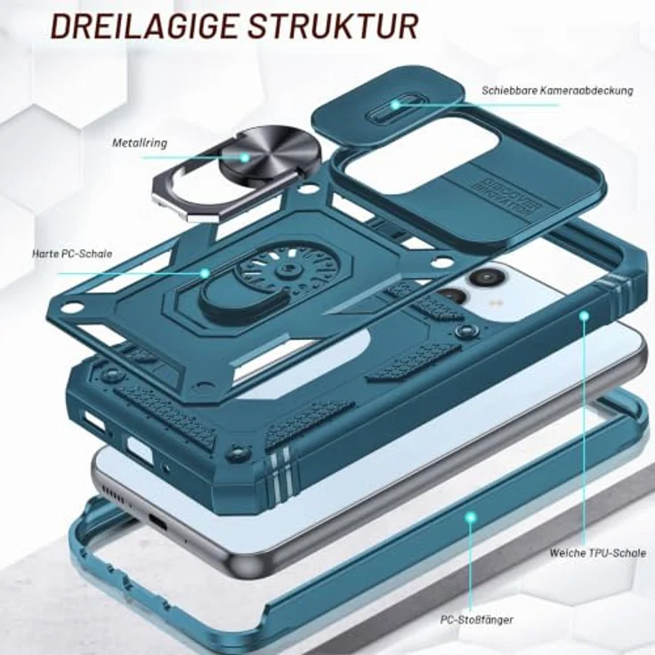 LeYi Hülle für Samsung Galaxy A54 5G, Hybrid Kammeraabdeckung mit Objektivschutz, kratzfest, blau, inkl. 2 Glasfolien und Ringhalterung – Bild 3