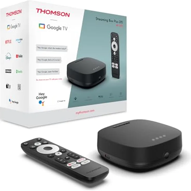 Thomson Streaming Box Plus 270, Android TV (Googlecast, Bluetooth, IR Remote Control, HDMI, WiFi, H.264, HEVC H.265), 4K Streaming, Dolby Atmos & Vision, Far-Field-Sprachassistent, Find My Remote - 32 GB, Schwarz