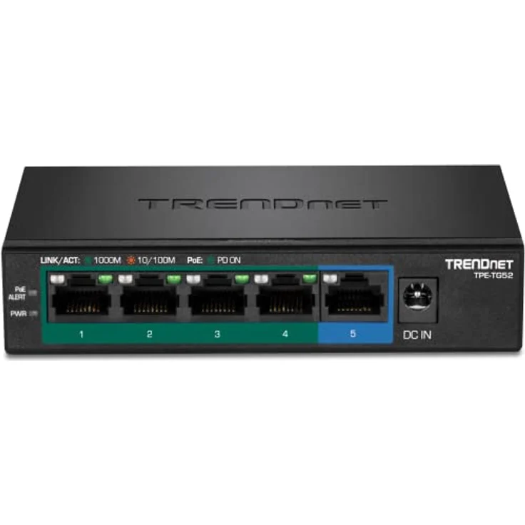 TRENDnet TPE-TG52 5-Port-Gigabit-PoE+-Switch, 32 W PoE-Leistungsbudget, 10 Gbit/s Schaltkapazität, IEEE 802.1p QoS, DSCP-Pass-Through-Unterstützung, Lüfterlos, Wandmontage, Schwarz – Bild 4