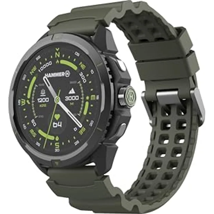 Hammer H Hammer Watch 2 Military Edition, GPS Smartwatch mit 1,5 Zoll AMOLED-Display, 530 mAh Akku (Bis zu 15 Tage), 5 ATM wasserdicht, SOS-Taste, LED-Taschenlampe