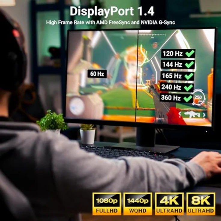 deleyCON 1,5m 8K DisplayPort Kabel 1.4, HBR3, 32.4Gbps, Gaming-Optimiert mit G-Sync & FreeSync, UHD WQHD HDR DSC 1.2, Schwarz – Bild 2