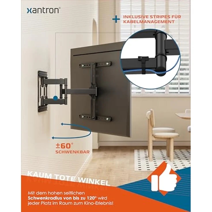 Xantron Slim Fit TV Wandhalterung SLIMLINE-466US, schwenkbar für 43-90 Zoll TVs, VESA bis 600x400, nur 27mm Wand-Abstand, Tragkraft bis 75kg – Bild 3