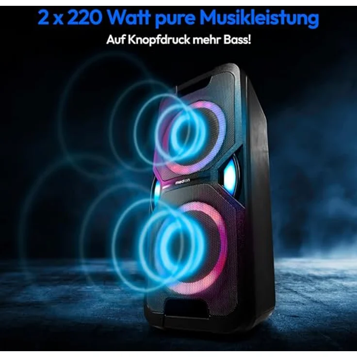 MEDION LIFE® P61468 Partylautsprecher, Bluetooth® 5.0, 44W RMS, X-Bass, Lichteffekte, Mikrofon, PLL-UKW – Bild 4