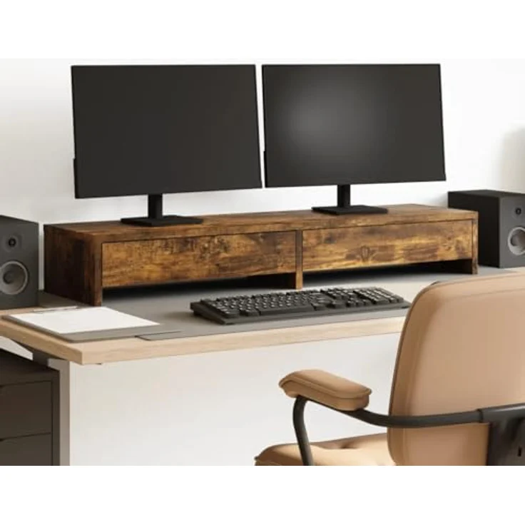 vidaXL Monitorständer, Monitorerhöhung mit 2 Schubladen, Bildschirmständer aus Räuchereiche Holzwerkstoff für Arbeitsbereich – Bild 2