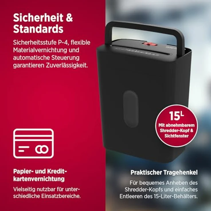 OLYMPIA PS 53 CC Pro Aktenvernichter, Partikelschnitt P-4, 4 x 38 mm, geeignet für bis zu 6 Blatt, schwarz mit 15,0 l Auffangbehälter – Bild 4