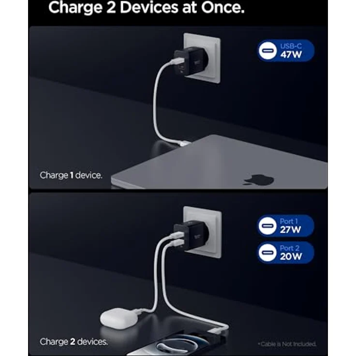 Spigen ArcStation Essential GaN 47W 2-Port USB-C Ladegerät, PPS Schnellladegerät mit PD 3.0 für iPhone 17/16/15 Pro Max, Galaxy S25 Ultra, iPad - Schwarz – Bild 3