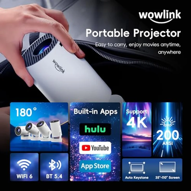 wowlink W210 Mini Beamer, 4K Smart Projektor mit 1080P FHD, WiFi 6, Bluetooth 5.4, Auto Keystone Korrektur, tragbar, leichtes Gewicht, weiß – Bild 2