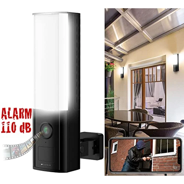VisorTech Kameraleuchte: LED-Außenwandleuchte, WLAN-2K-Kamera, PIR, Nachtsicht, Sirene, schwarz (Lampe Kamera) – Bild 2