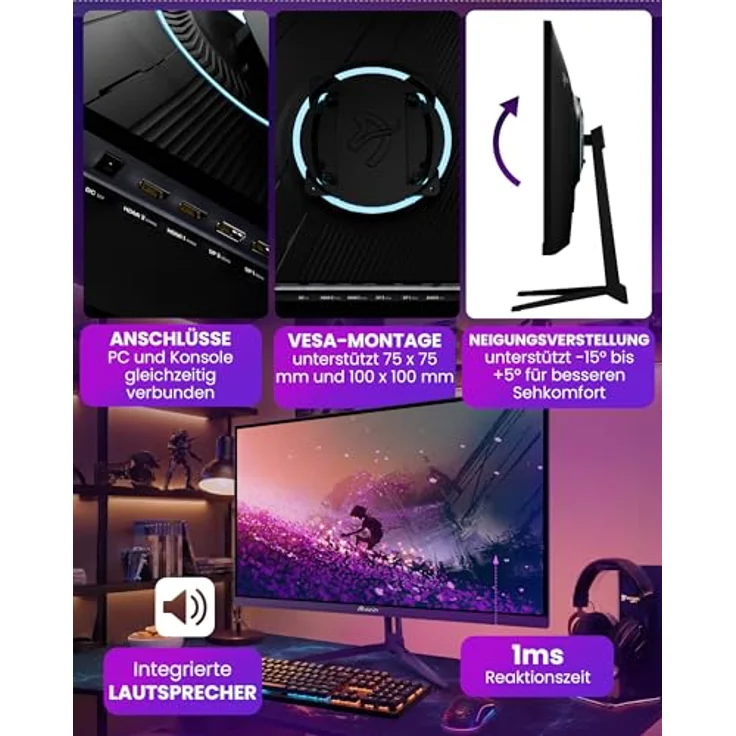 Arozzi Nova 27” Gaming Monitor, QHD 1440p, IPS 180Hz, HDR10, 100% sRGB, flimmerfrei, lila – Bild 3