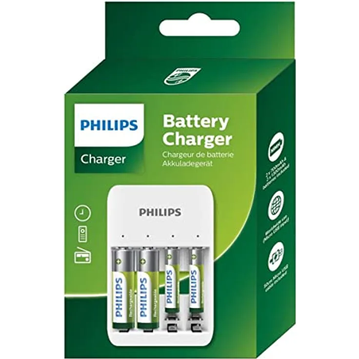Philips Batterieladegerät - USB-Anschlüsse - Inkl. AA-Batterien und AAA-Batterien - Akku Ladegerät Universal