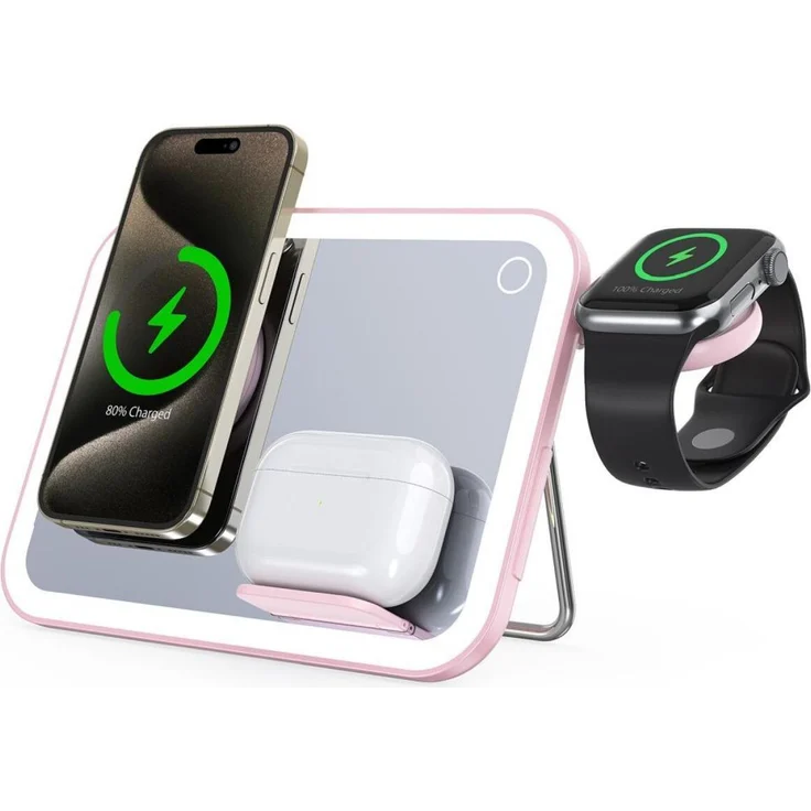 FORCELL F-ENERGY Mag Mirror, 15W 3 in 1 Wireless Charger mit LED Spiegel für MagSafe, Apple Watch, Samsung Watch, Airpods, pink
