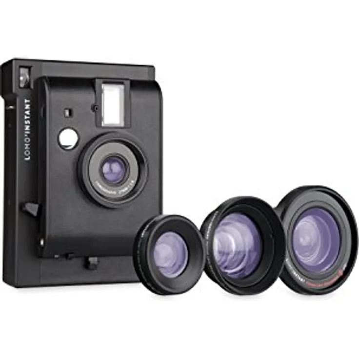 Lomography Lomo'Instant Black Kamera + 3 Linsen - Instant Film Kamera mit 3 Blitz Einstellungen und Langzeitbelichtungsfunktion