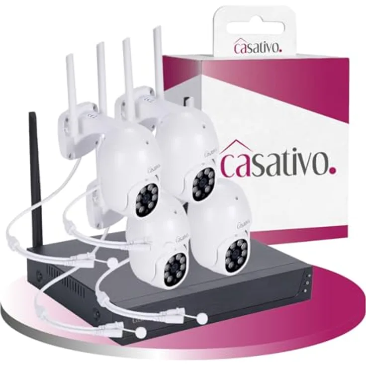 Casativo CH9677, 2K Funk-Überwachungssystem Set mit 4 Schwenk-Kameras, Personenerkennung, 25m Nachtsicht, IP66 wetterfest, App-Zugriff & Rekorder