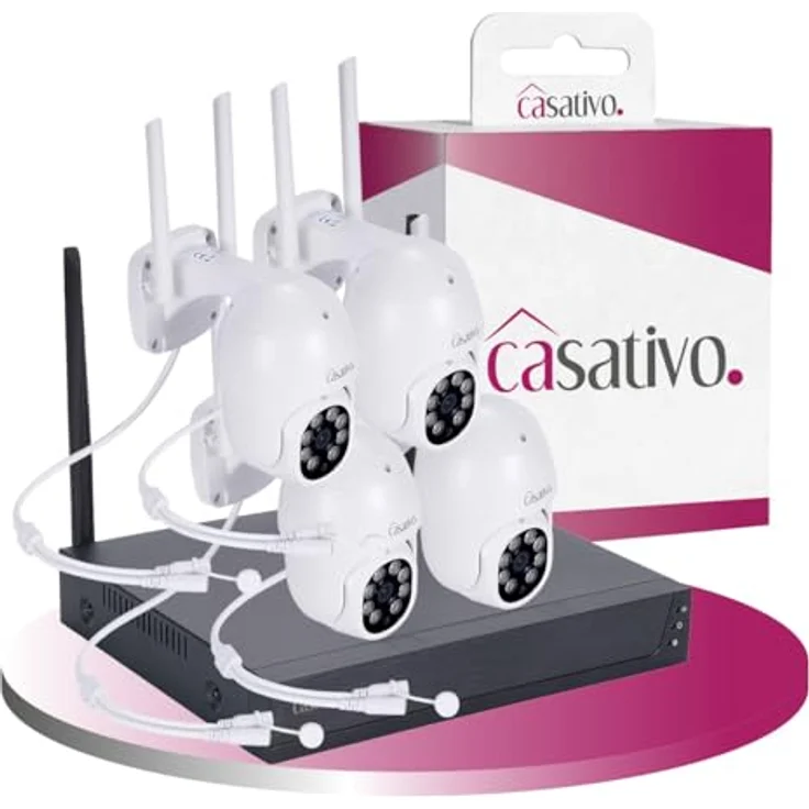 Casativo CH9677, 2K Funk-Überwachungssystem Set mit 4 Schwenk-Kameras, Personenerkennung, 25m Nachtsicht, IP66 wetterfest, App-Zugriff & Rekorder – Bild 1