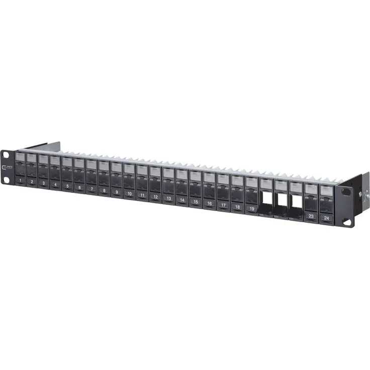 Metz Connect Keystone 19 Zoll Modulträger 1HE, 24 Port unbestückt, geschirmt, schwarz, mit Staubschutzklappen und Kabelabfangung