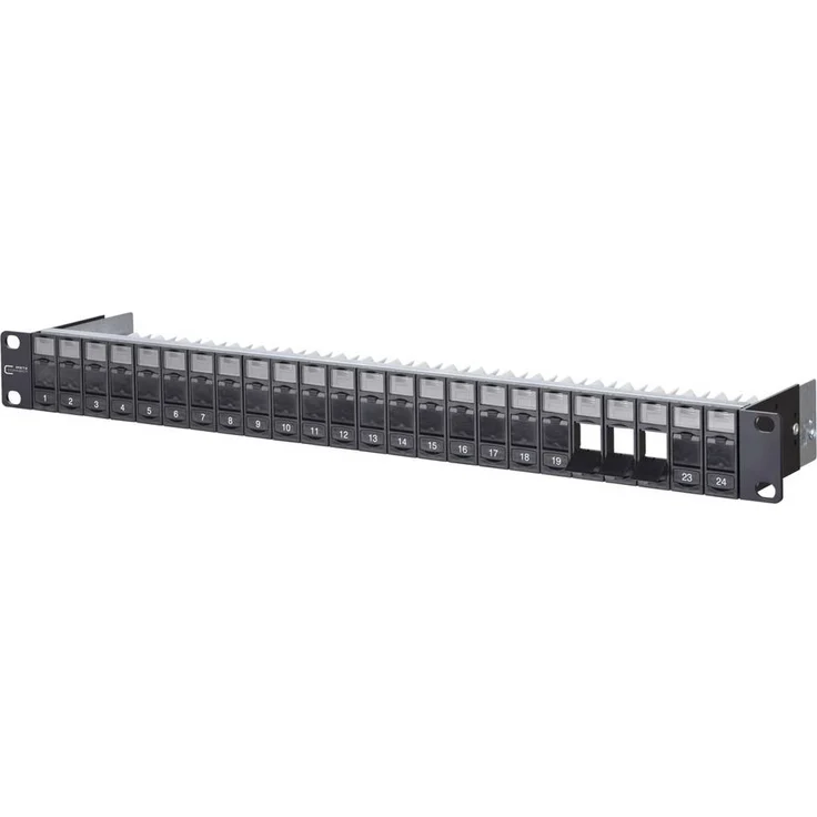 Metz Connect Keystone 19 Zoll Modulträger 1HE, 24 Port unbestückt, geschirmt, schwarz, mit Staubschutzklappen und Kabelabfangung