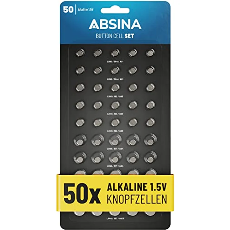 ABSINA 50er Pack Alkaline Knopfzellen Sortiment - 10x AG1 / 15x AG3 / 10x AG4 / 10x AG10 / 5X AG13-1,5V Batterie Sortiment - gemischt, auslaufsicher - Batterien Set von ABSINA – Bild 1