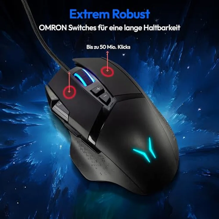 ERAZER Gaming Maus Wizard P20 (16.000 DPI, OMRON Switches, RGB Beleuchtung, 9 programmierbare Tasten, Schwarz) – Bild 3