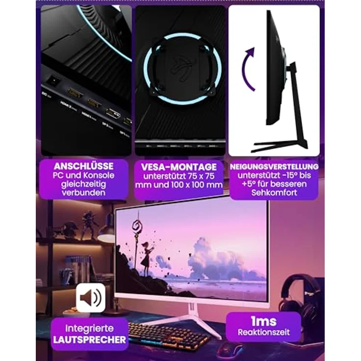 Arozzi Nova 27” Gaming Monitor, QHD 1440p, IPS, 180Hz, Adaptive Sync, HDR10, 100 % sRGB, flimmerfrei, rosa – Bild 3