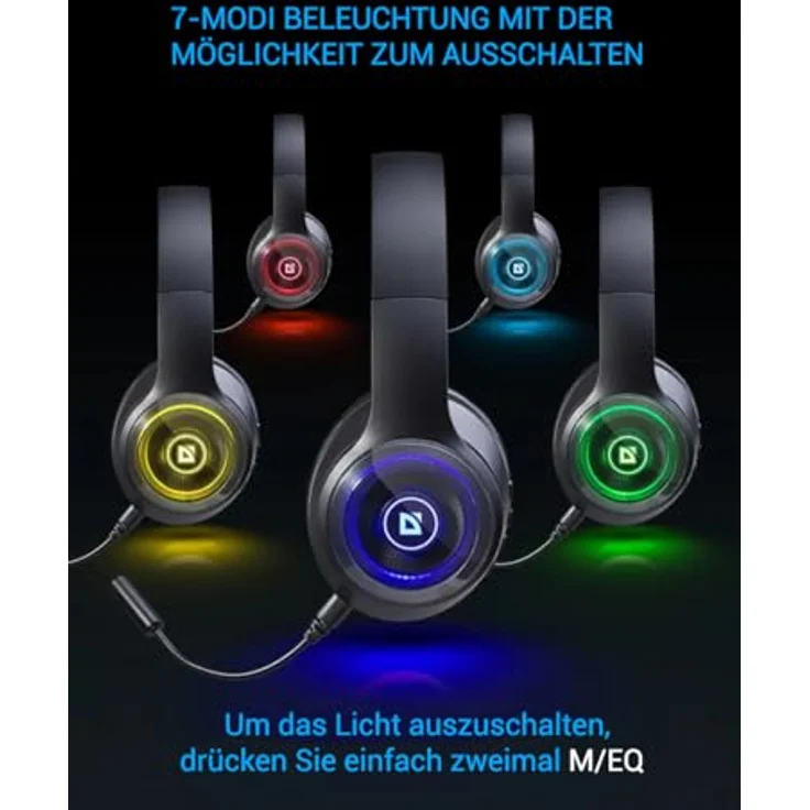 Defender Global Bluetooth Kopfhörer On/Over Ear, 32 Std Kabellos Bluetooth mit 6 EQ-Modi, HiFi Stereo, LED-Beleuchtung, Abnehmbares Mikrofon, Schwarz – Bild 5