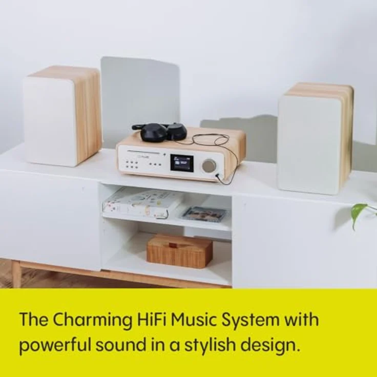 Pure Classic Stereo HiFi Music System (100W Sound, Internet Radio, DAB+/FM, Bluetooth, CD Player, USB and Spotify Connect) Cotton White/Oak, Lautsprecher mit kraftvollem Stereo-Sound – Bild 2