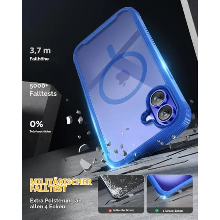 Miracase 360 Grad Handyhülle für iPhone 16 Plus mit MagSafe, 9H Glas Displayschutz, stoßfest, 6,7 Zoll, Blau – Bild 4