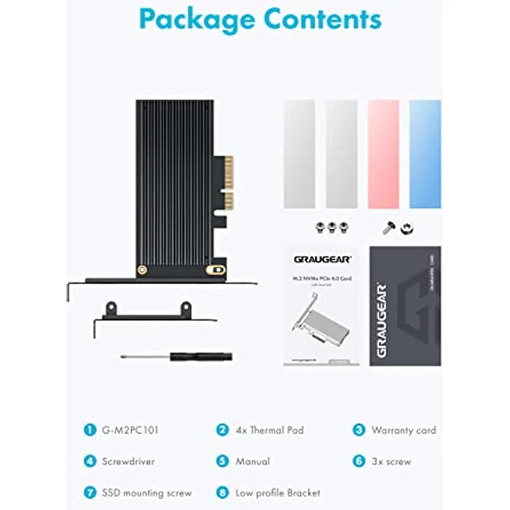 GRAUGEAR | M.2 PCIe 4.0 Karte | für M.2 NVMe SSD | M-Key | 4X Silikon Wärmeleitpads | Großer Aluminium Kühlkörper | 2280, 2260, 2242, 2230 | High + Low-Profile Slotblech | G-M2PCI01 – Bild 4
