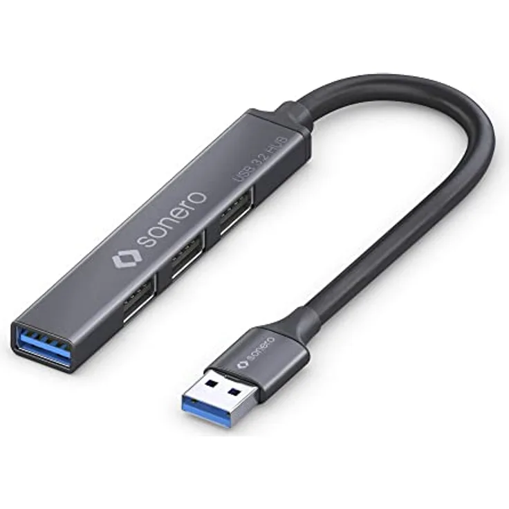 Sonero USB-Hub, USB-Verteiler, 4-Port, 1x USB 3.2 mit 5 GB/s, 3X USB 2.0 mit 480 MB/s, USB-A Stecker, Ultra Slim, Space Grey, 0,15m, S-UH100-001