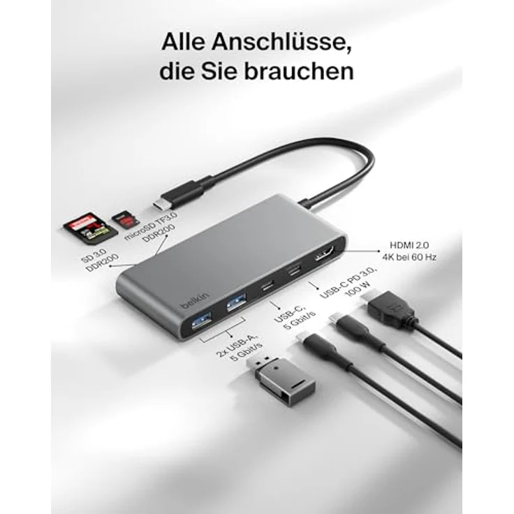 Belkin USB C Hub, 7-in-1 Docking Station mit 4K HDMI 60 Hz, 100 W Power Delivery, SD/MicroSD, 5 Gbit/s Datentransfer, kompakt - Grau – Bild 3
