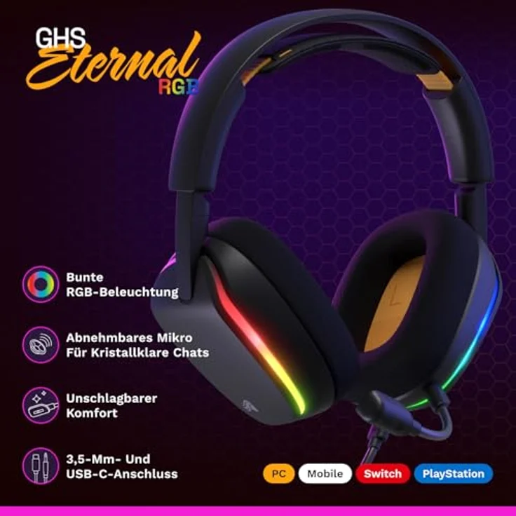 GLORIOUS GHS Eternal RGB, Stereo-RGB-Gaming-Headset für PC, PS5, PS4, Switch, mit High-Fidelity-Treibern, abnehmbaren Mikrofon, USB-C, langlebig, ganztägiger Schwarz – Bild 2