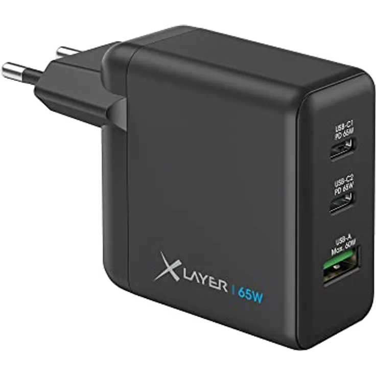 XLayer Powercharger 65W USB C Typ Schnellladegerät Schwarz 3-Port Netzteil GAN Technologie - Fast Charger Adapter Kompatibel mit MacBook/Pro/Air, iPhone, iPad, Galaxy, Huawei, Xiaomi, Lenovo, Dell