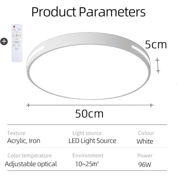 Natsen 96W Deckenleuchte LED Deckenlampe, dimmbar mit Fernbedienung, Runde Leuchte für Küche Diele Wohnzimmer Schlafzimmer Büro, Weiß (50 * 50 * 5cm) – Bild 2